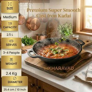 MKHARAVAD Premium Super Smooth Cast Iron Kadai - 10 Inch (25.4 cm), 2.5L Capacity | Medium Size Wok for 3-4 People (2.4 Kg Heavy Duty)