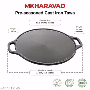 MKHARAVAD CASTrong Cast Iron Roti/Dosa Tawa + Free ₹110 Spatula,Pre-seasoned, Nonstick, 100% Pure, Toxin-free, Induction, 30.2cm, 2.4kg